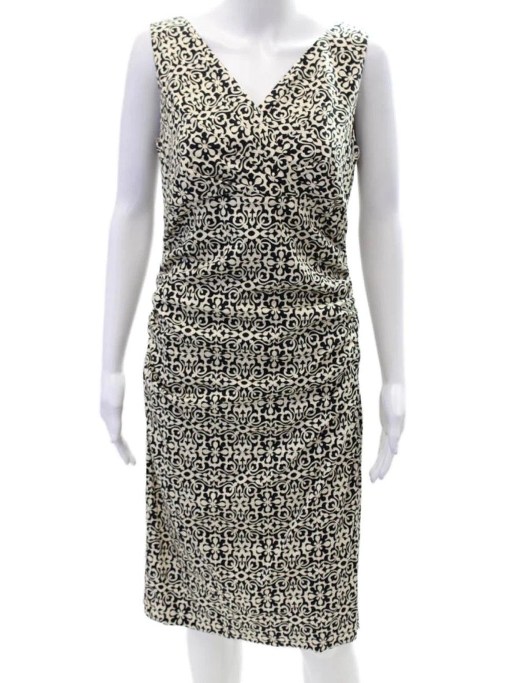 Lafayette 148 New York Black and Cream V-Neck Midi Sheath Dress